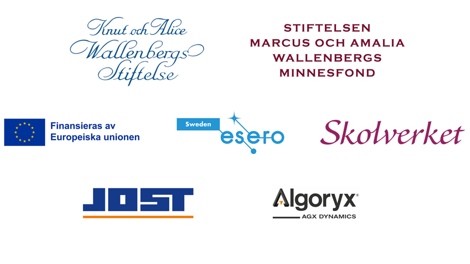 Curiosums vänner logotyper: KAW logo, MAW logo, EU logo, esero logo, Skolverket logo, JOST logo, Algoryx logo