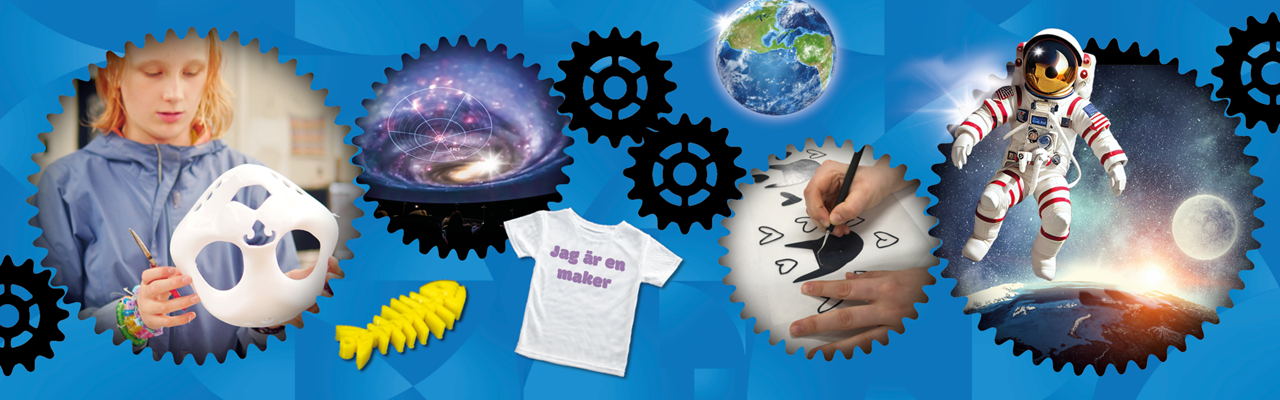 Ett collage med en astronaut och person som skapar i Makerspace på Curiosum.