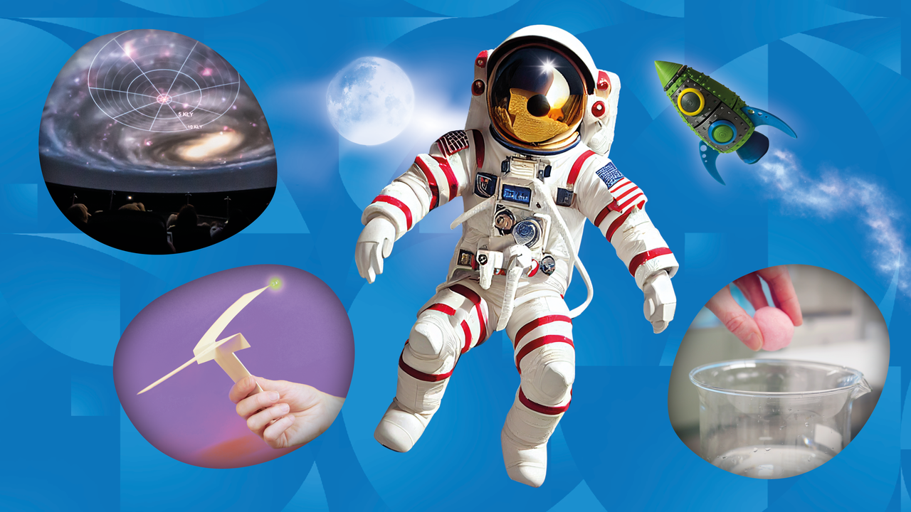 Banner med astronaut till Curiosums sportlov 2024.