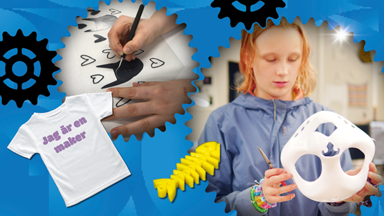 Ett fotocollage med objekt och person som skapar i Makerspace på Curiosum.
