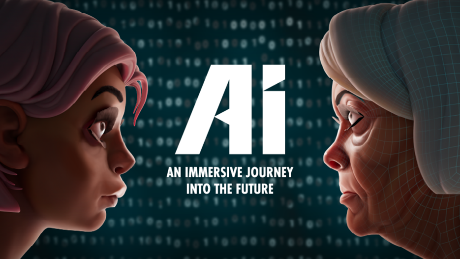 Two women turned against each other with the text - AI - An Immersive Journey Into the Future - in between.
