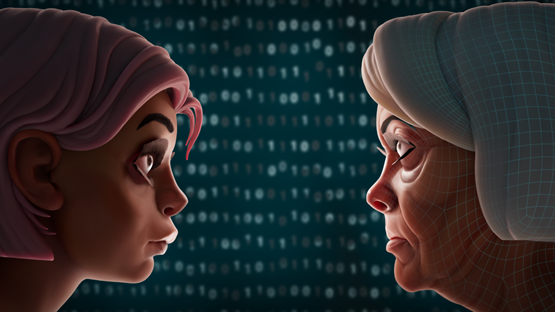 Två kvinnor vända mot varandra.