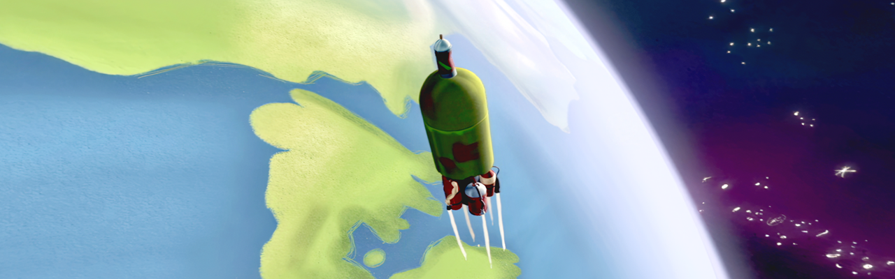 Stillbild från filmen 3-2-1 Liftoff! på Curiosum. En raket flyger över Jorden.
