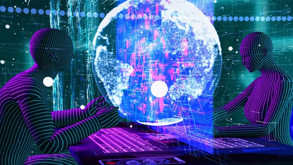 två personer framför en digital sfär