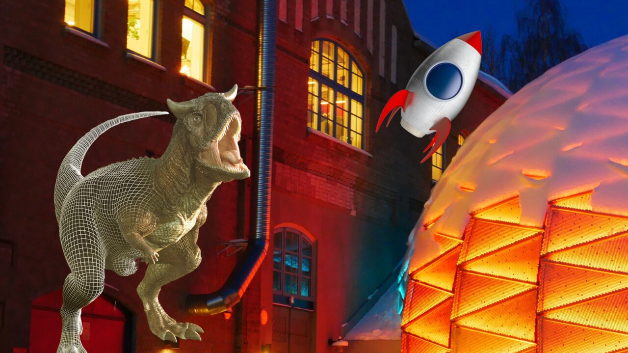 Collage med Curiosums domteater, en dinosaurie från filmen 