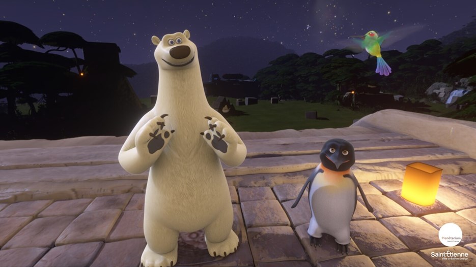 En animerad isbjörn, pingvin och kolibri vid en pyramid