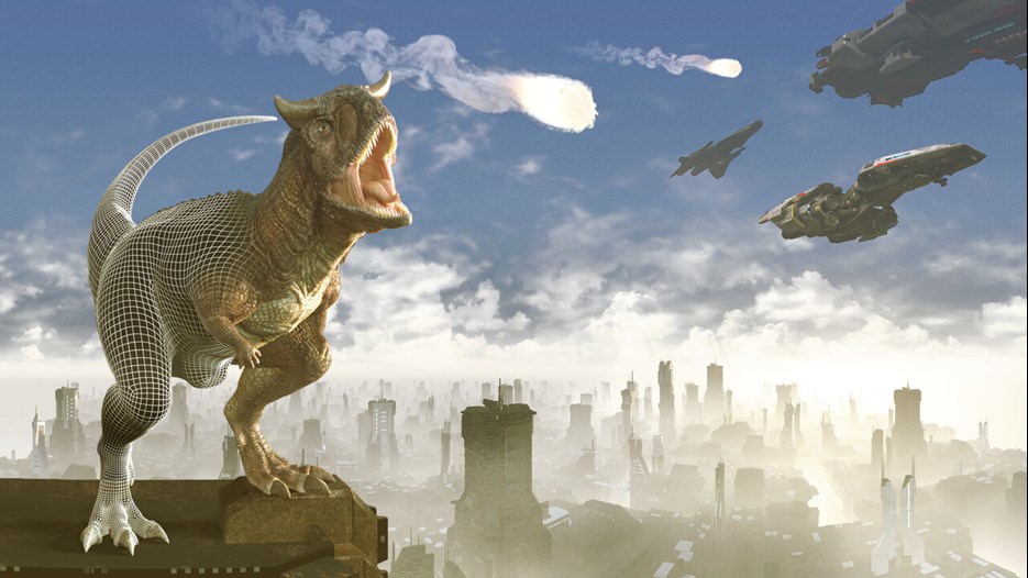 A dinosaur on a hill over a city and space ships in the sky.