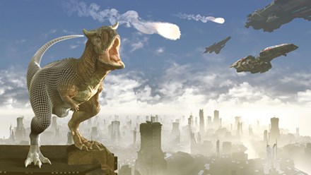 An illustration with a dinosaur from the movie Making Magic