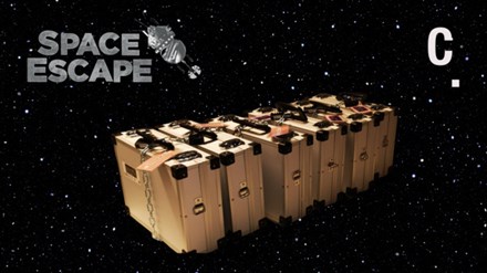 Bags flying in space. In the upper right corner the logo Space Escape